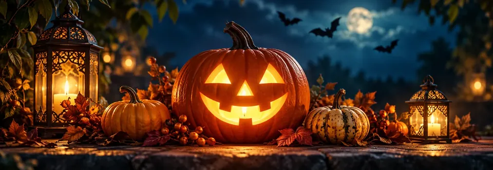 Glowing Halloween pumpkin and lanterns